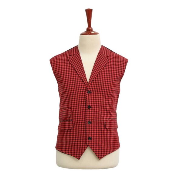 Mens Vest Suit Lapel Red Black Check Cotton Dress Formal Wedding Waistcoat XL 46 - Picture 1 of 9